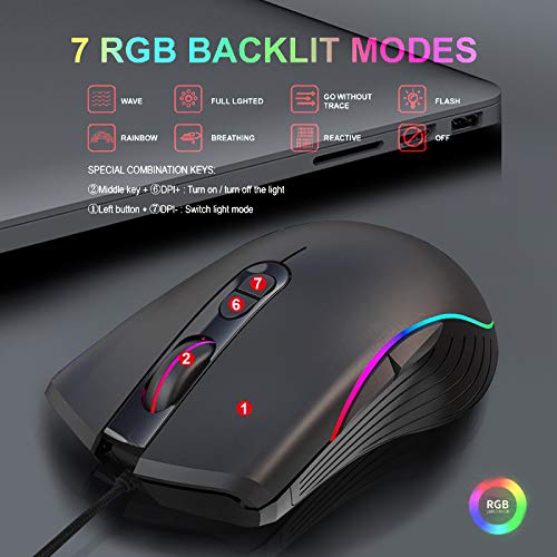 Scorpion Gaming Mouse Wired, Ergonomic Optical Mouse 7 RGB Backlit